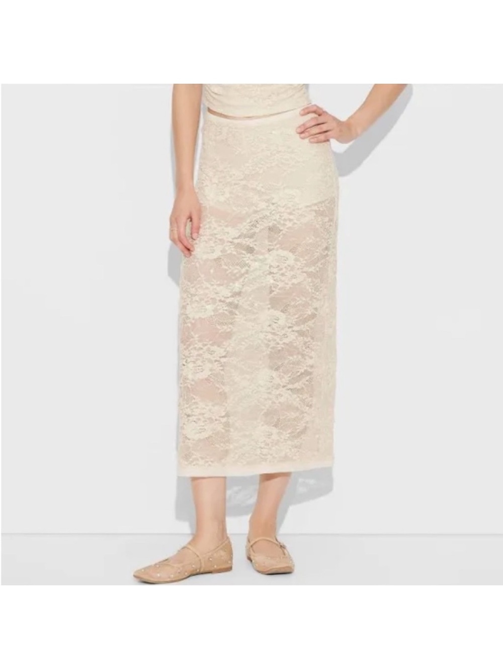 Wild Fable sequin mesh lace champagne Sheer Crème Midi Skirt